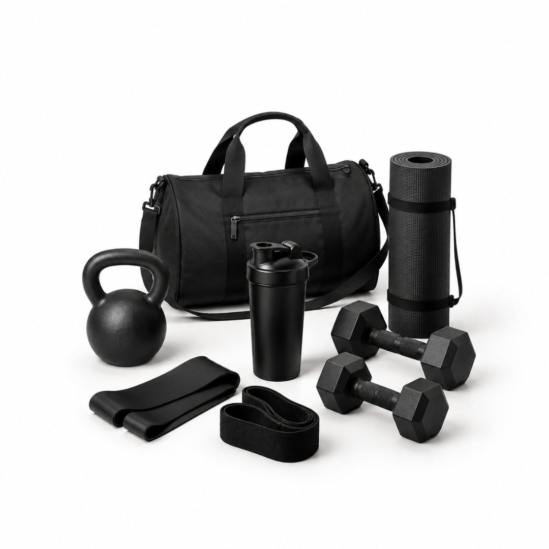 A collection of sleek black fitness gear including dumbbells kettlebells and a gym bag.