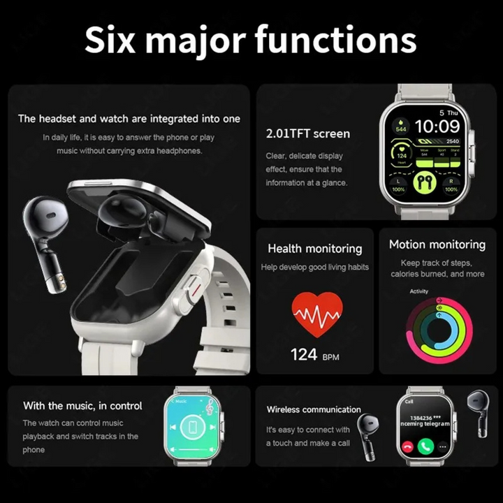 Smartwatch with Earbuds 2 in 1 Fitness Calling Music Device