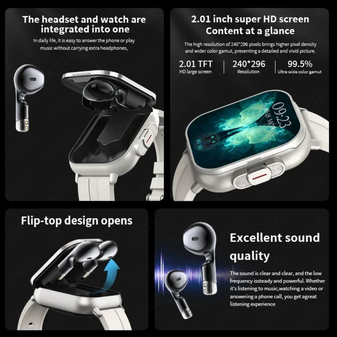 Smartwatch with Earbuds 2 in 1 Fitness Calling Music Device
