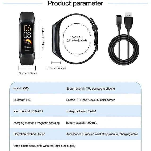 C60 Smart Watch 1.1 Inch Bluetooth Fitness Tracker Watch