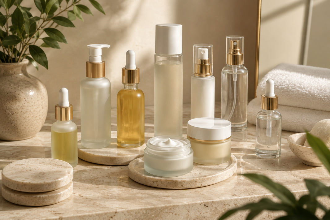 A collection of premium skincare bottles and jars on marble trays in a sunlit modern bathroom.