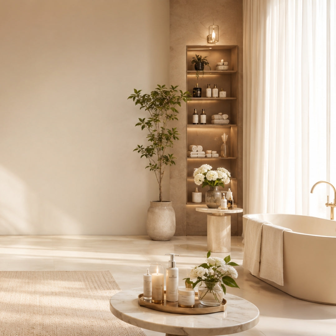 A serene luxury bathroom features a marble tub and premium skincare products on a stone pedestal.