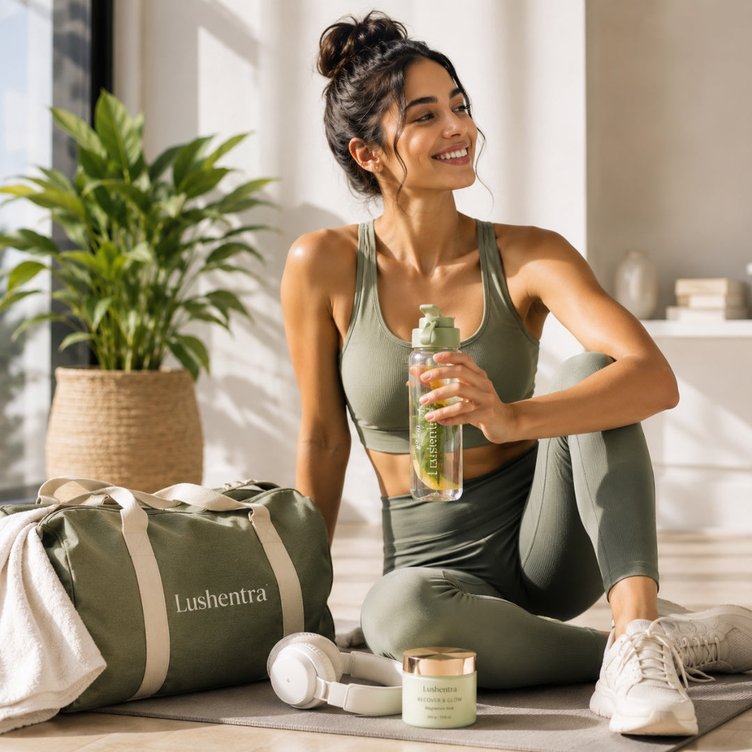 A woman in green activewear holds a water bottle next to a Lushentra gym bag.