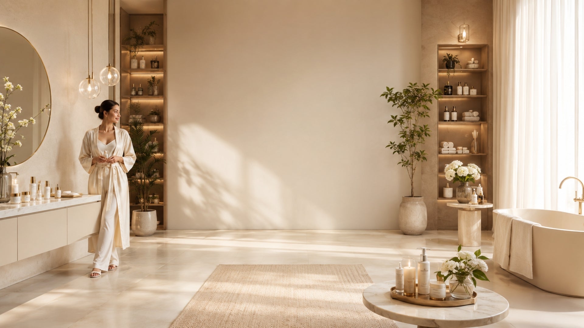 A woman in a silk robe stands in a sunlit luxury bathroom with skincare products on a marble counter.