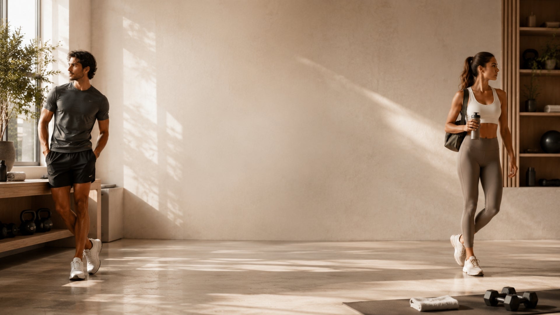 A man and woman wear modern activewear in a sunlit home gym with weights and yoga mats.