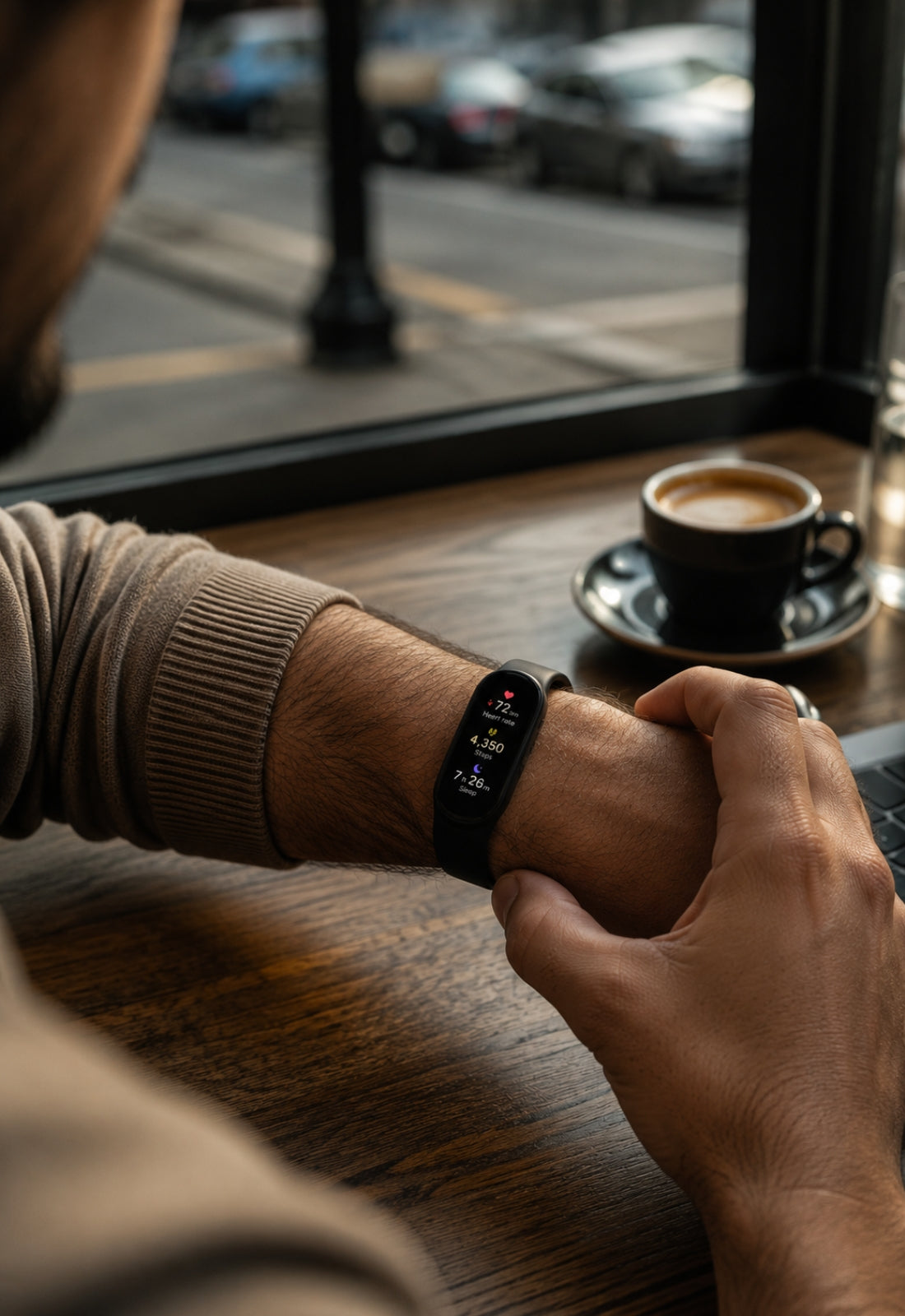 A man wearing a black fitness tracker sits near a window with a coffee cup and laptop.